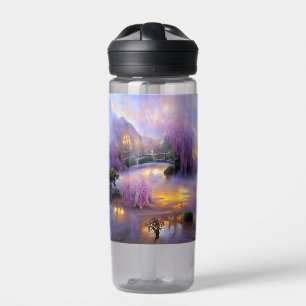 Pink Willow trees at sunset by the pond Water Bottle