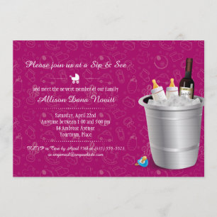 Pink Wine and Baby Bottles Sip and See Baby Shower Invitation