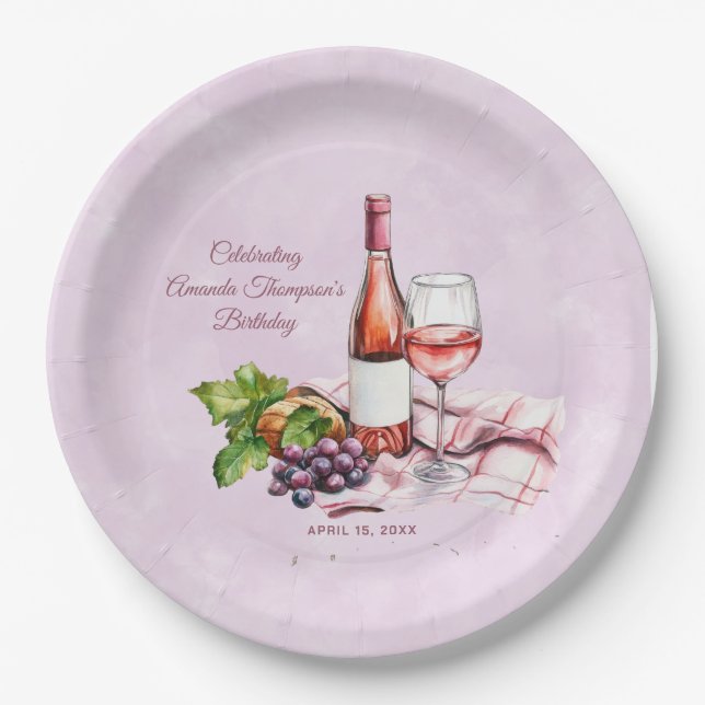 Pink Wine Birthday  Paper Plate (Front)