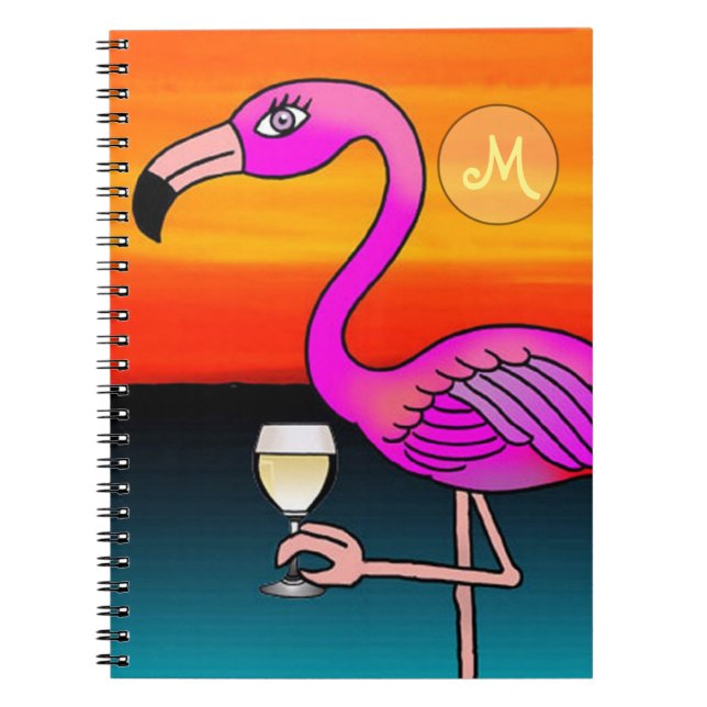 Pink Wine drinking Flamingo Monogrammed Spiral Notebook (Front)