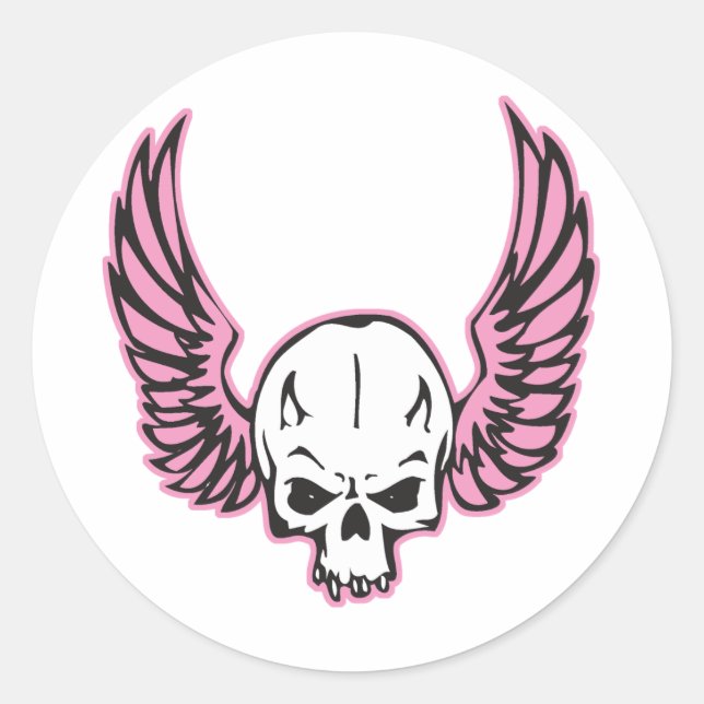 pink winged skull classic round sticker (Front)