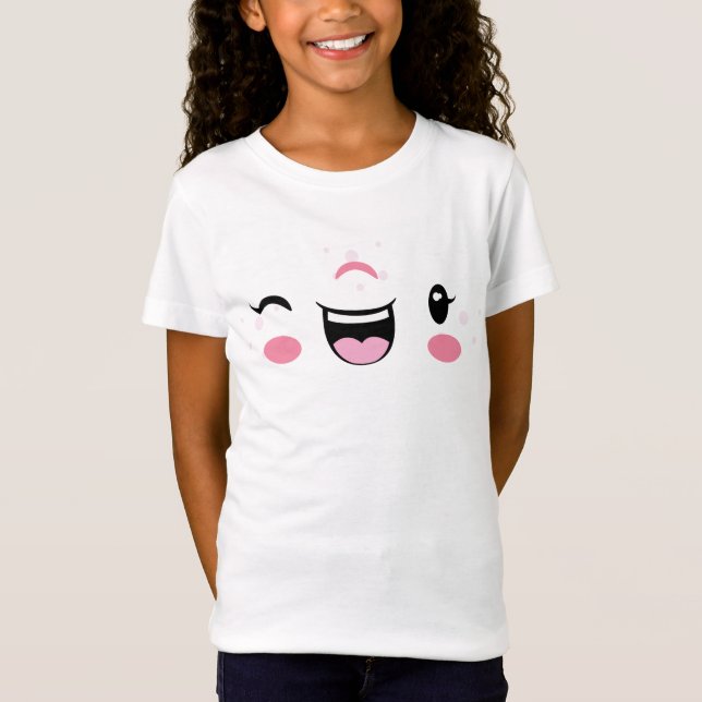 Pink Winking Kawaii Face Kids Clothing T-Shirt (Front)