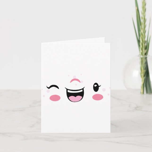 Pink Winking Kawaii Face Note Card (Front)