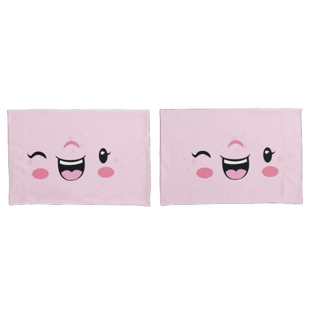 Pink Winking Kawaii Face Pillow Case Set (Front-Set)