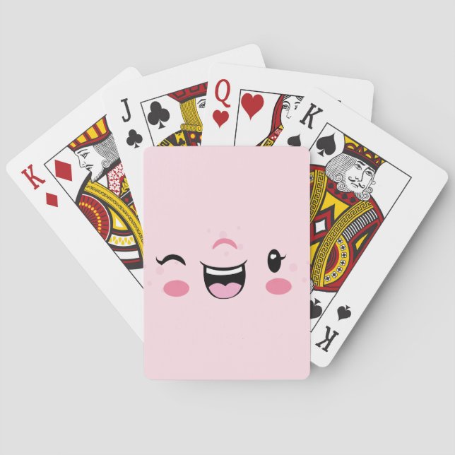 Pink Winking Kawaii Face Playing Cards (Back)