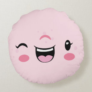 Pink Winking Kawaii Face Round Pillow