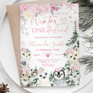 Pink Winter Animal Onederland Snowflake Birthday Invitation