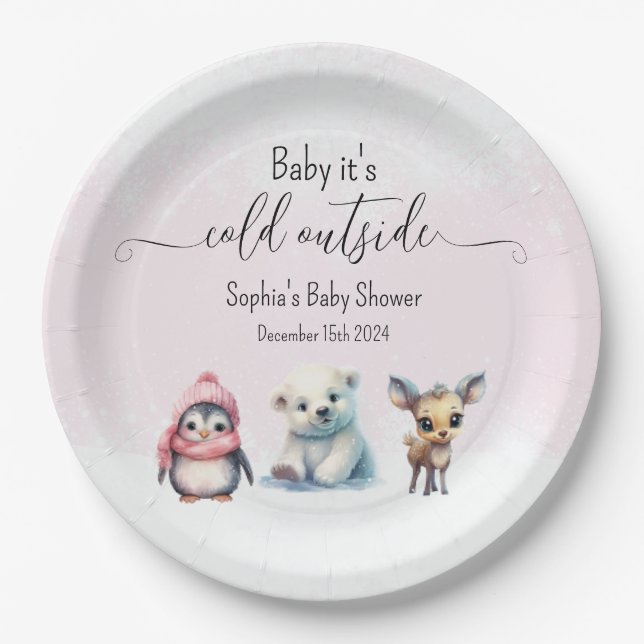 Pink Winter Animals Cold Outside Baby Shower Paper Plate (Front)