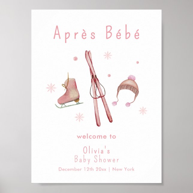 Pink Winter Après Bébé Ski Baby Shower Welcome Poster (Front)