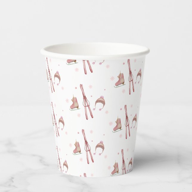 Pink Winter Après Bébé Ski Pattern Baby Shower  Paper Cups (Front)