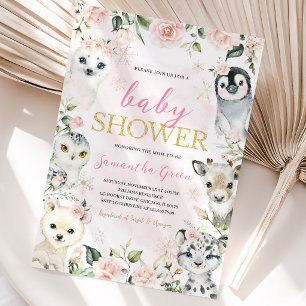  Pink Winter Arctic Animals Baby Shower Invitation