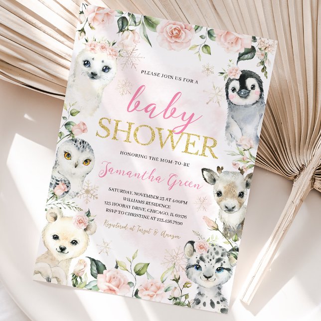  Pink Winter Arctic Animals Baby Shower Invitation (Creator Uploaded)