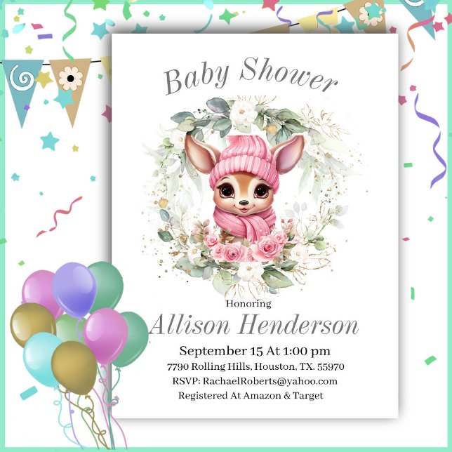 Pink Winter Baby Girl Reindeer Baby Shower Invitation (Creator Uploaded)