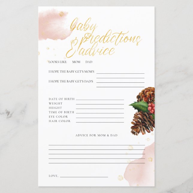 Pink Winter Baby Shower Baby Predictions & Advice (Front)