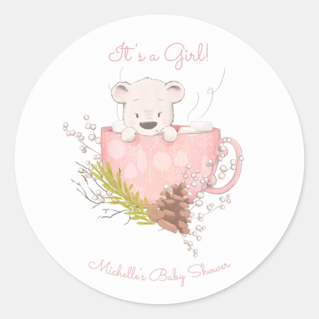 Pink Winter Bear Girl Baby Shower Classic Round Sticker (Front)