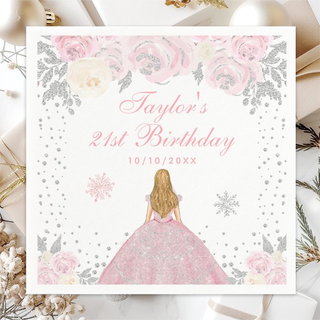 Pink Winter Blonde Hair Princess Birthday Party Napkin (Creator Uploaded)