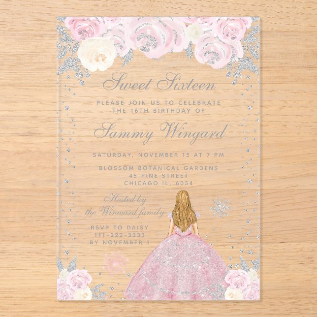Pink Winter Blonde Hair Princess Sweet Sixteen Acrylic Invitations (Front)