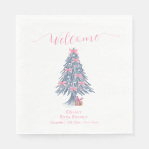 Pink Winter Bow Christmas Tree Baby Shower Welcome Napkin