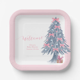 Pink Winter Bow Christmas Tree Baby Shower Welcome Paper Plate