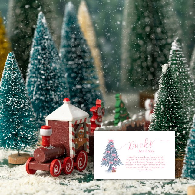 Pink Winter Bow Christmas Tree Books Baby Shower  Enclosure Card (Pink Winter Bow Christmas Tree Books Baby Shower Enclosure Card)