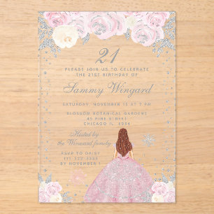 Pink Winter Brown Hair Princess Birthday Party Acrylic Invitations