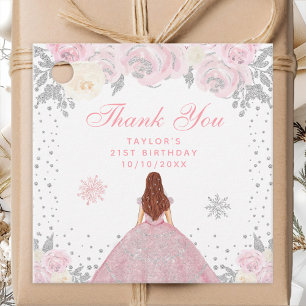 Pink Winter Brown Hair Princess Birthday Party Favour Tags