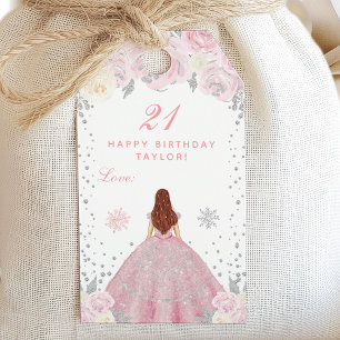Pink Winter Brown Hair Princess Birthday Party Gift Tags