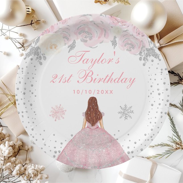 Pink Winter Brown Hair Princess Birthday Party Paper Plate (Creator Uploaded)