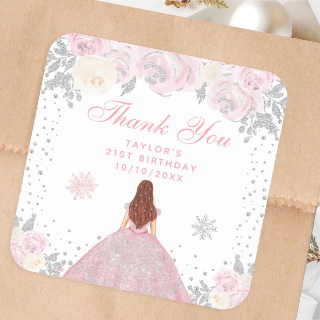 Pink Winter Brown Hair Princess Birthday Party Square Sticker (Creator Uploaded)