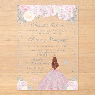 Pink Winter Brown Hair Princess Sweet Sixteen Acrylic Invitations