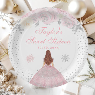 Pink Winter Brown Hair Princess Sweet Sixteen Paper Plate