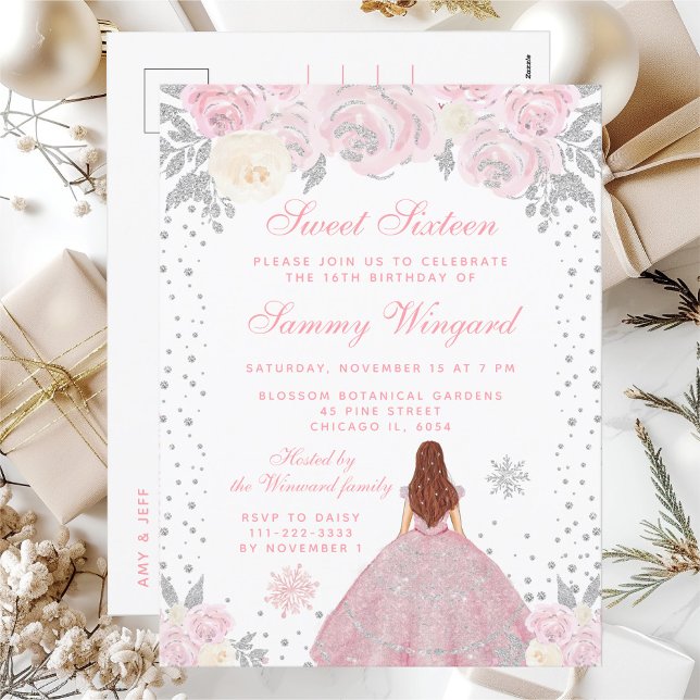 Pink Winter Brown Hair Princess Sweet Sixteen Postcard (Creator Uploaded)