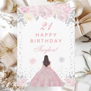 Pink Winter Brunette Hair Princess Birthday Party Card