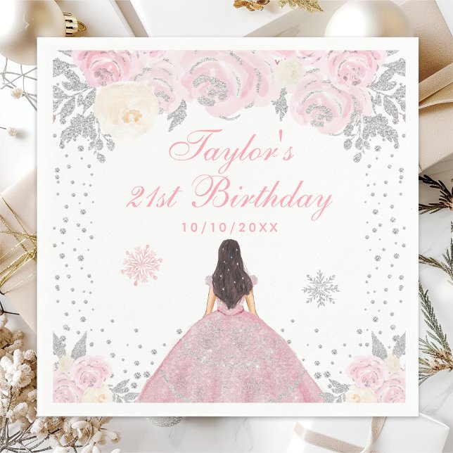 Pink Winter Brunette Hair Princess Birthday Party Napkin (Creator Uploaded)