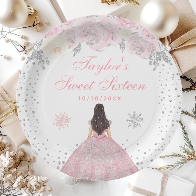 Pink Winter Brunette Hair Princess Sweet Sixteen Paper Plate (Creator Uploaded)
