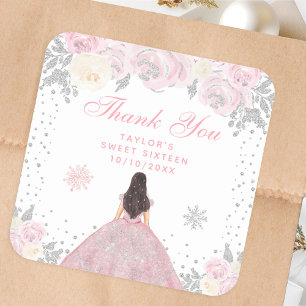 Pink Winter Brunette Hair Princess Sweet Sixteen Square Sticker