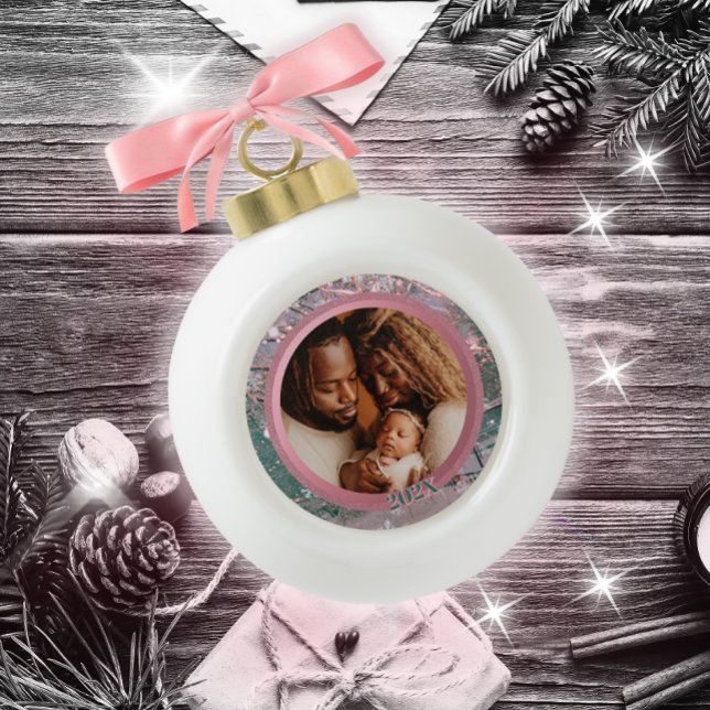 Pink Winter Christmas Family Photo Ceramic Ball Christmas Ornament (Creator Uploaded)