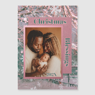 Pink Winter Christmas Family Photo Magnetic Card