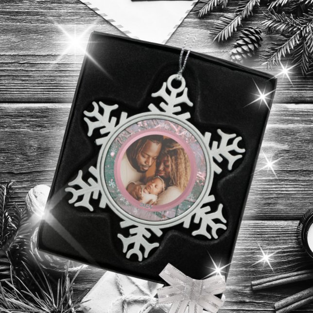 Pink Winter Christmas Family Photo Snowflake Pewter Christmas Ornament (Creator Uploaded)