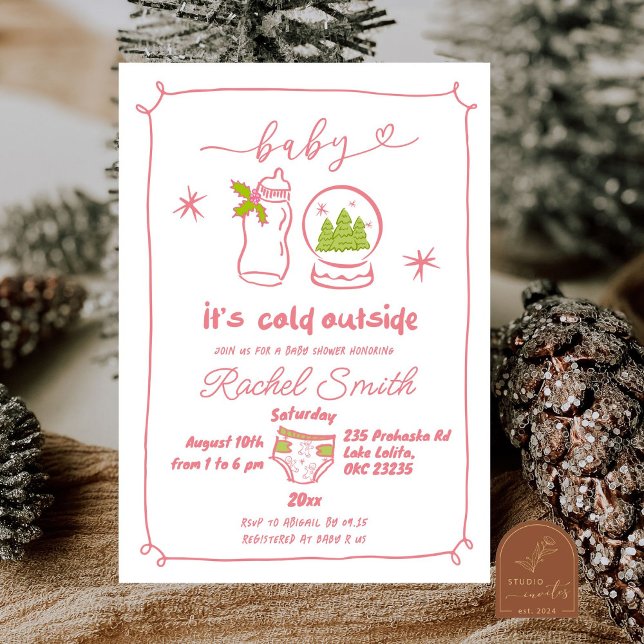 Pink Winter Christmas Hand Drawn Baby Shower Invitation (Creator Uploaded)