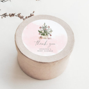 Pink winter Christmas tree baby shower thank you Classic Round Sticker