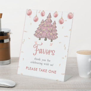 Pink Winter Christmas Tree Birthday Favour Sign