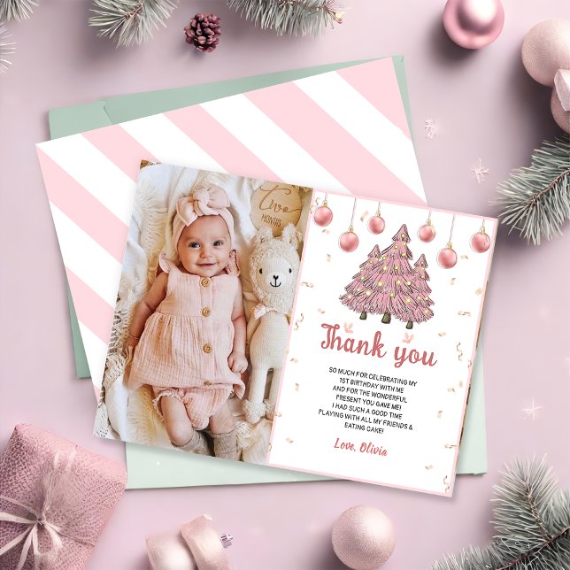 Pink Winter Christmas Tree Birthday Photo Thank You Card (Creator Uploaded)
