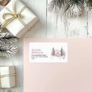 Pink Winter Cottage Christmas Address Label