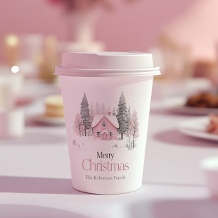 Pink Winter Cottage Christmas Paper Cups