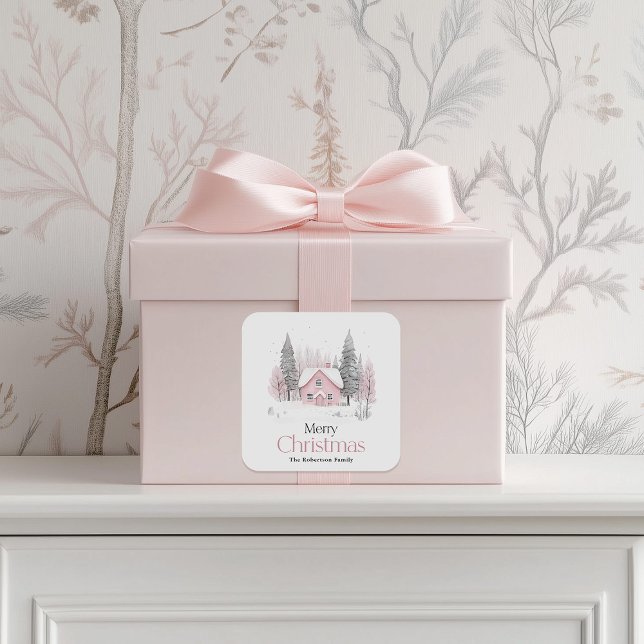 Pink Winter Cottage Christmas Square Sticker (Creator Uploaded)