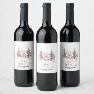 Pink Winter Cottage Christmas Wine Label