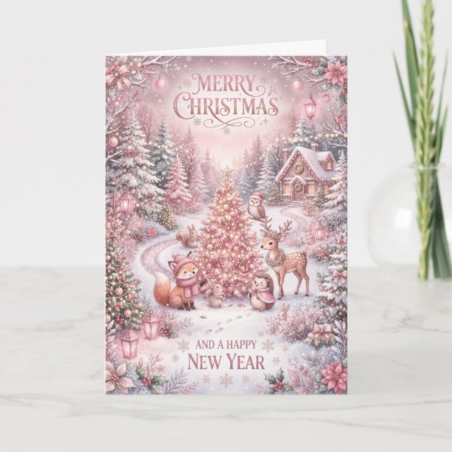 Pink Winter Cottage Deer Christmas Card (Front)