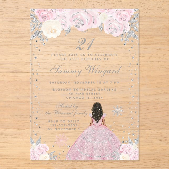 Pink Winter Dark Skin Princess Birthday Party Acrylic Invitations (Front)