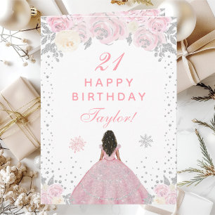 Pink Winter Dark Skin Princess Birthday Party Card